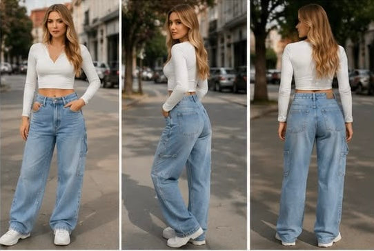 RT High-Waisted Relaxed Cargo Jeans – Light Wash For Women