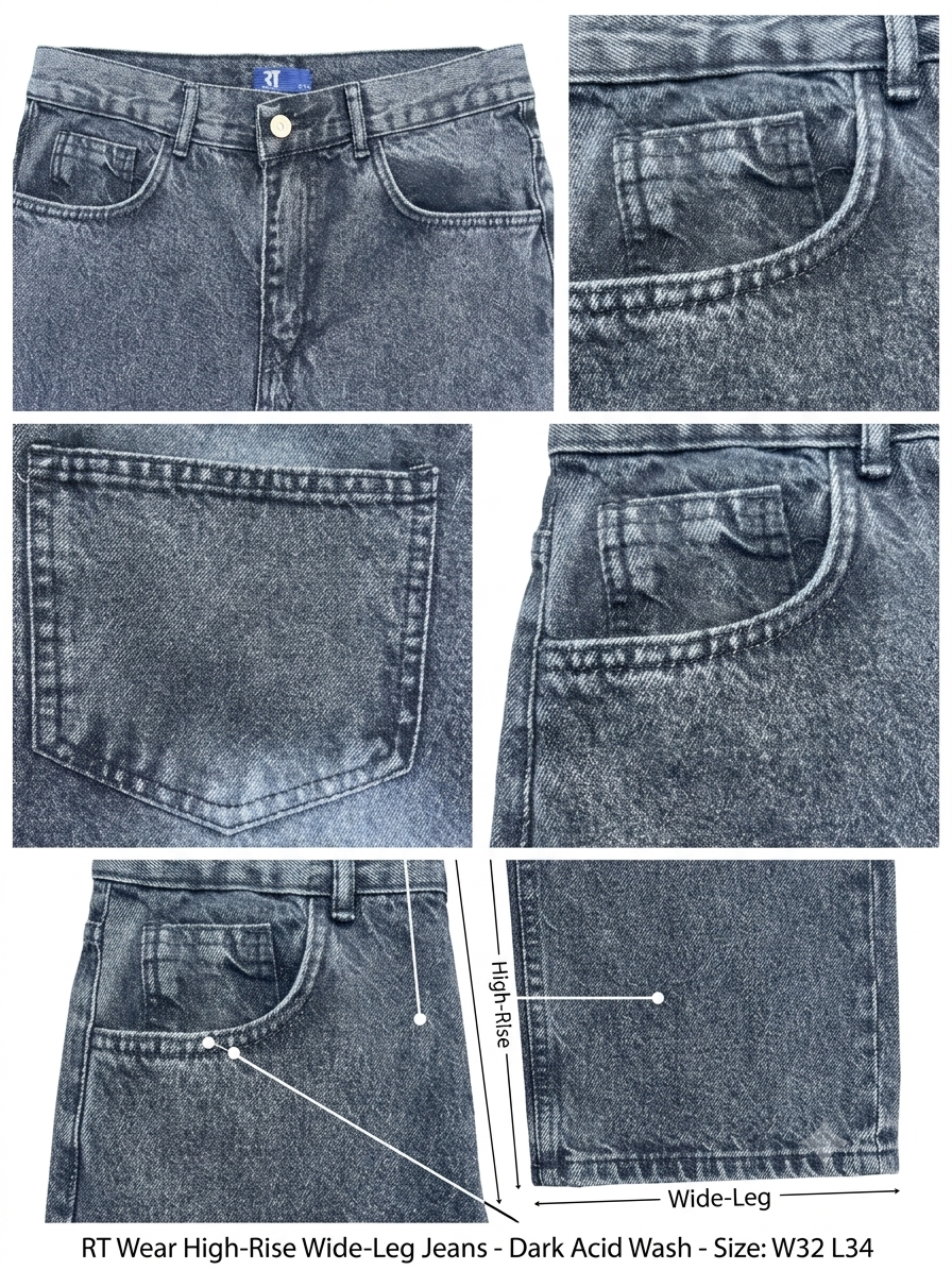 RT Wear Women’s High-Rise Wide-Leg Jeans Black-washed Acid Wash Cotton Denim 5-Pocket