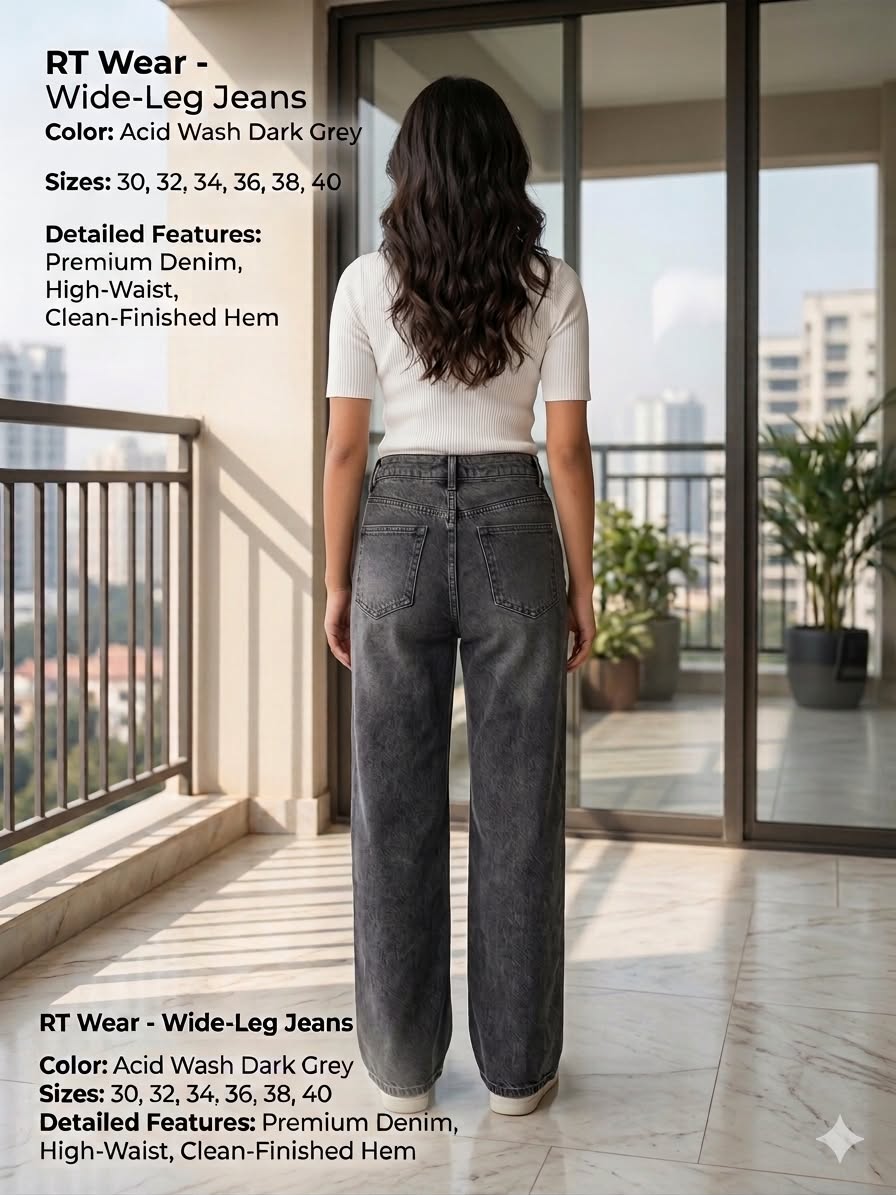 RT Wear Women’s High-Rise Wide-Leg Jeans Black-washed Acid Wash Cotton Denim 5-Pocket