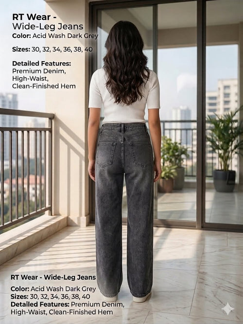 RT Wear Women’s High-Rise Wide-Leg Jeans Black-washed Acid Wash Cotton Denim 5-Pocket