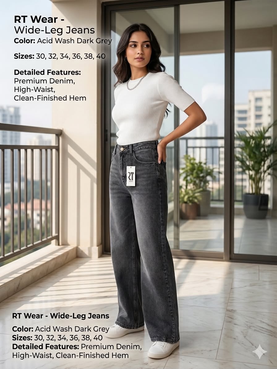 RT Wear Women’s High-Rise Wide-Leg Jeans Black-washed Acid Wash Cotton Denim 5-Pocket