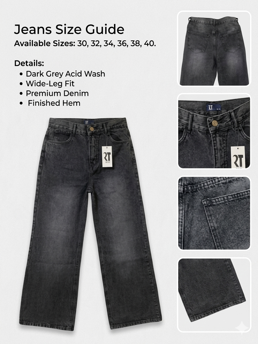 RT Wear Women’s High-Rise Wide-Leg Jeans Black-washed Acid Wash Cotton Denim 5-Pocket